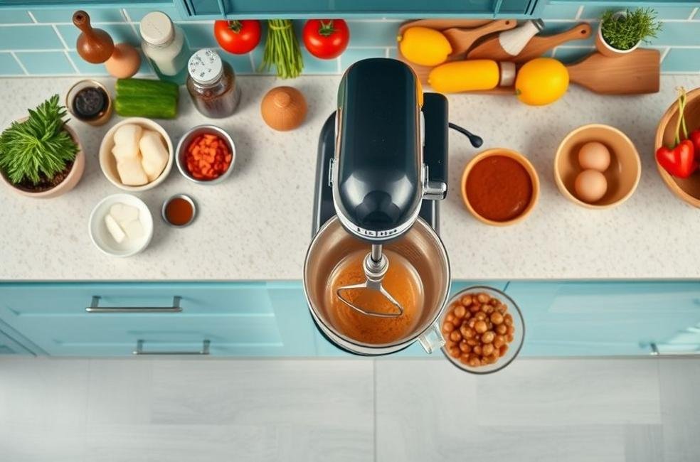 Cozinha alegre com misturador e ingredientes frescos.