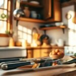 Cozinha bem iluminada exibindo facas afiadas em destaque.