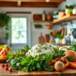 Cozinha com várias frigideiras em uso e ingredientes frescos.