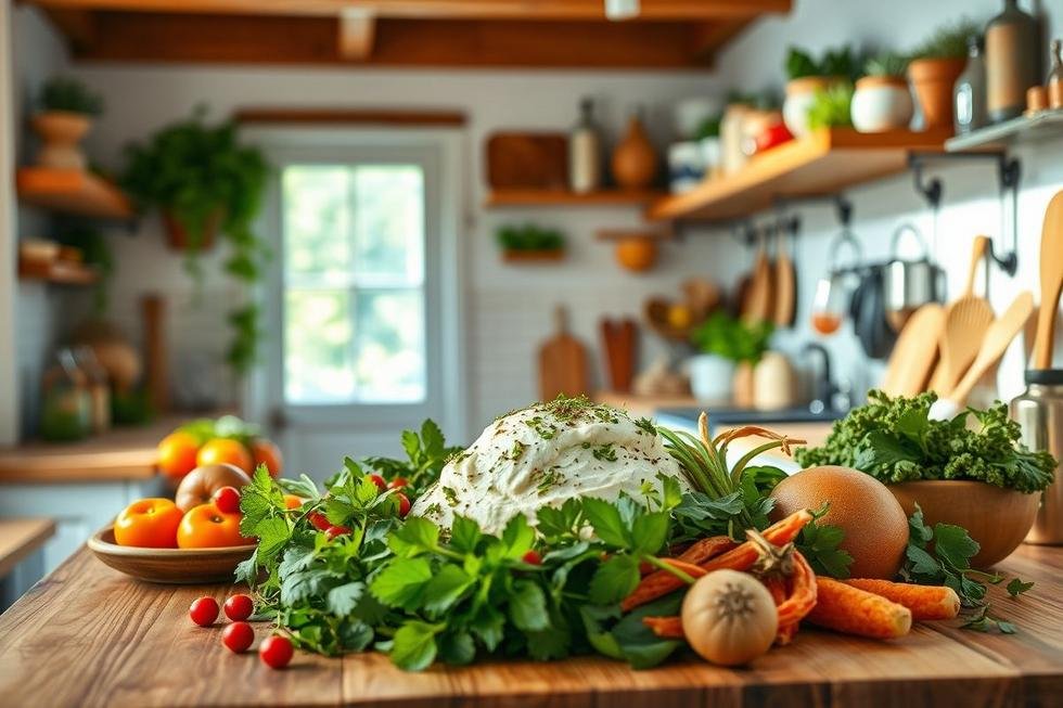 Cozinha com várias frigideiras em uso e ingredientes frescos.
