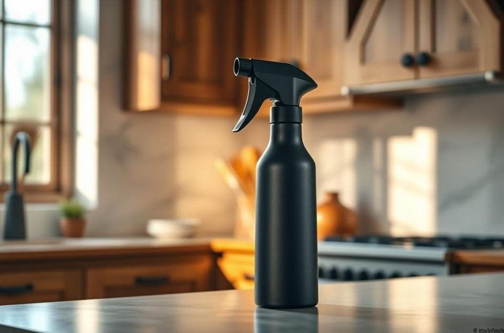 Cozinha com pulverizador de azeite em destaque.