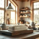 Cozinha elegante com manteigueira em destaque.