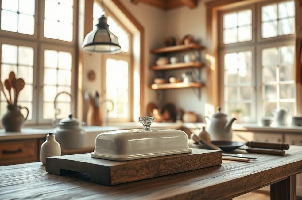 Cozinha elegante com manteigueira em destaque.