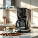 Cozinha moderna com uma cafeteira elétrica e uma xícara de café.