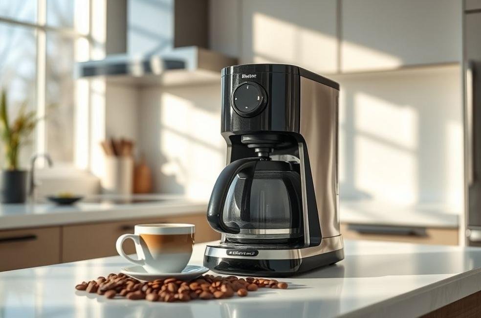 Cozinha moderna com uma cafeteira elétrica e uma xícara de café.