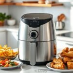 Cozinha equipada com fritadeira Air Fryer e refeições saudáveis exibidas