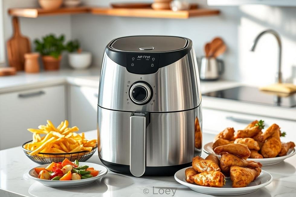 Cozinha equipada com fritadeira Air Fryer e refeições saudáveis exibidas