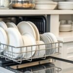 Cozinha ordenada com louça limpa, simbolizando o uso eficiente de detergente em pó.