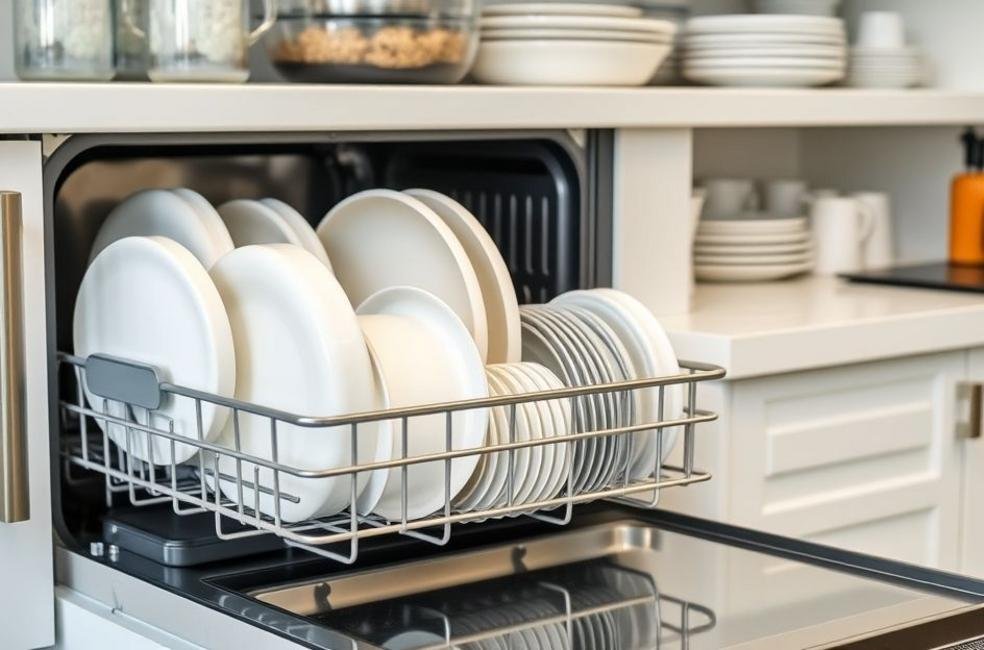 Cozinha ordenada com louça limpa, simbolizando o uso eficiente de detergente em pó.