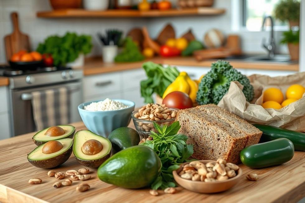 Cozinha bem organizada com fritadeira elétrica e alimentos preparados.