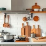 Cozinha moderna organizada com utensílios, incluindo bowls elegantes, mostrando um espaço convidativo para cozinhar.