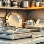 Um espaço de cozinha bem organizado com foco em assadeiras de alumínio com revestimento antiaderente.