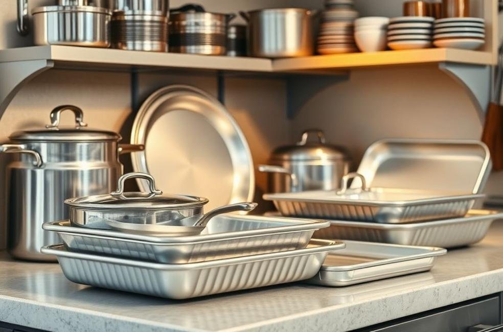 Um espaço de cozinha bem organizado com foco em assadeiras de alumínio com revestimento antiaderente.