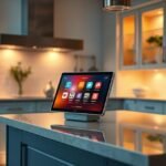 Echo Show 8 em uma cozinha moderna com funcionalidades inteligentes