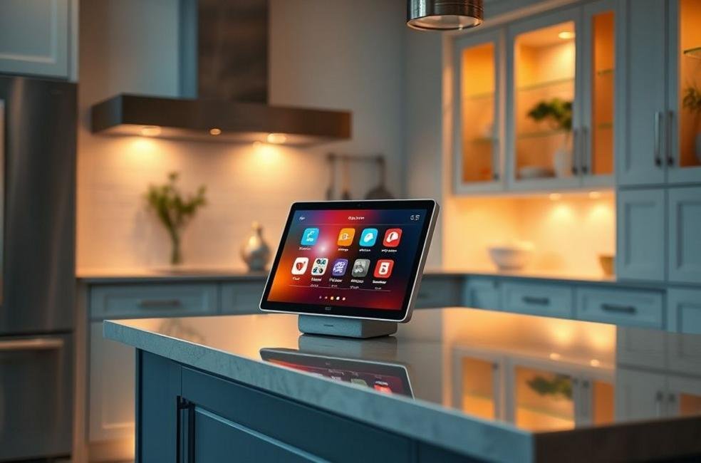 Echo Show 8 em uma cozinha moderna com funcionalidades inteligentes