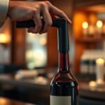 Uma cena elegante de um amante de vinho utilizando um abridor elétrico.