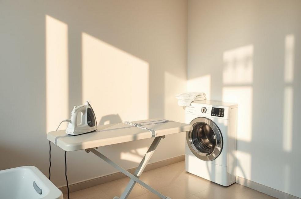 Espaço de lavanderia arrumado com ferro de passar moderno e tábua de passar bem organizada.