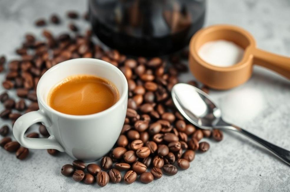 Xícara de café espresso com grãos de café e colher ao lado.