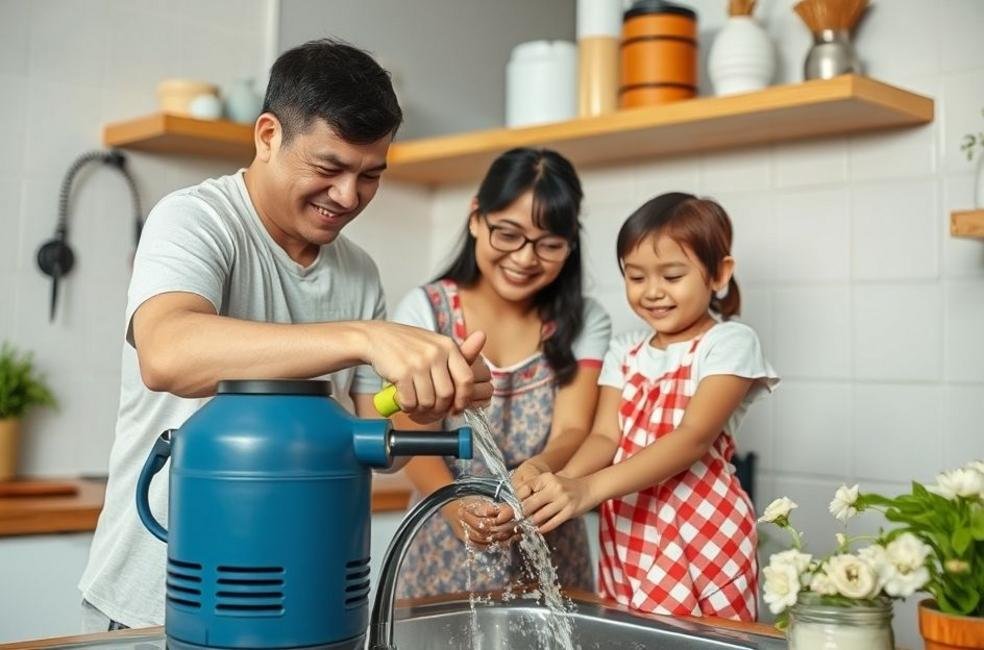 Uma família feliz usando uma bomba elétrica na cozinha.