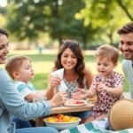 Família cuidando da higiene das crianças durante um piquenique.