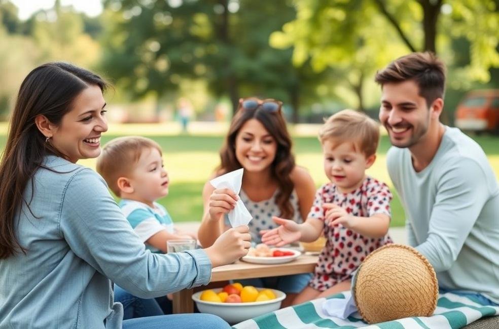 Família cuidando da higiene das crianças durante um piquenique.