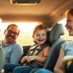 Família em um carro, com criança sorrindo em sua cadeirinha de segurança.