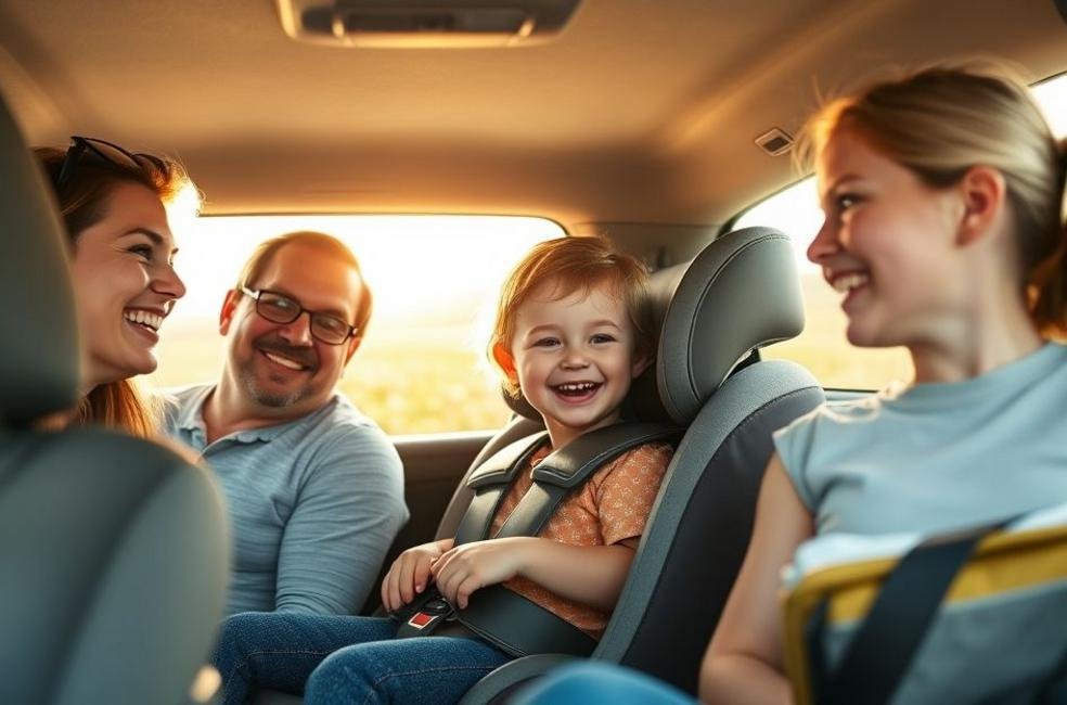 Família em um carro, com criança sorrindo em sua cadeirinha de segurança.