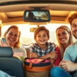 Família feliz organizando o carro para uma viagem segura com crianças.