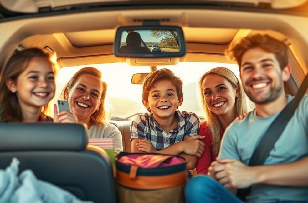 Família feliz organizando o carro para uma viagem segura com crianças.