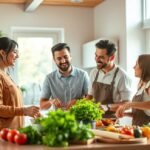 Família se divertindo na cozinha enquanto usa uma Airfryer