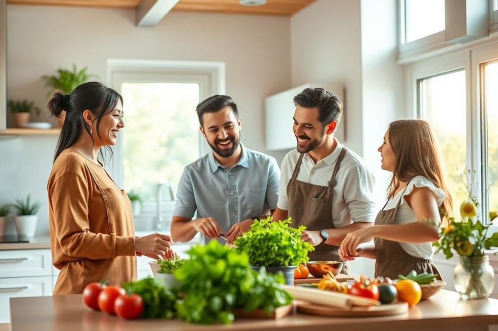 Família se divertindo na cozinha enquanto usa uma Airfryer