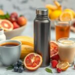 Cena com garrafa térmica ao centro, rodeada por frutas e bebidas.