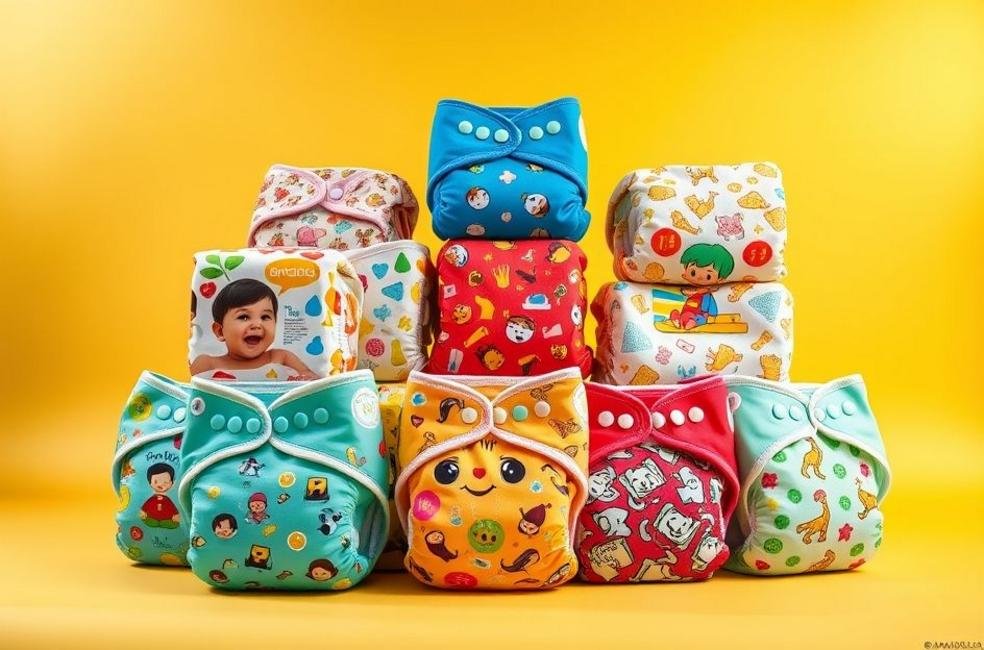 Diferentes designs de fraldas Turma da Mônica, destacando a qualidade e diversão.