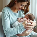 Mãe amamentando seu bebê em um cenário acolhedor.