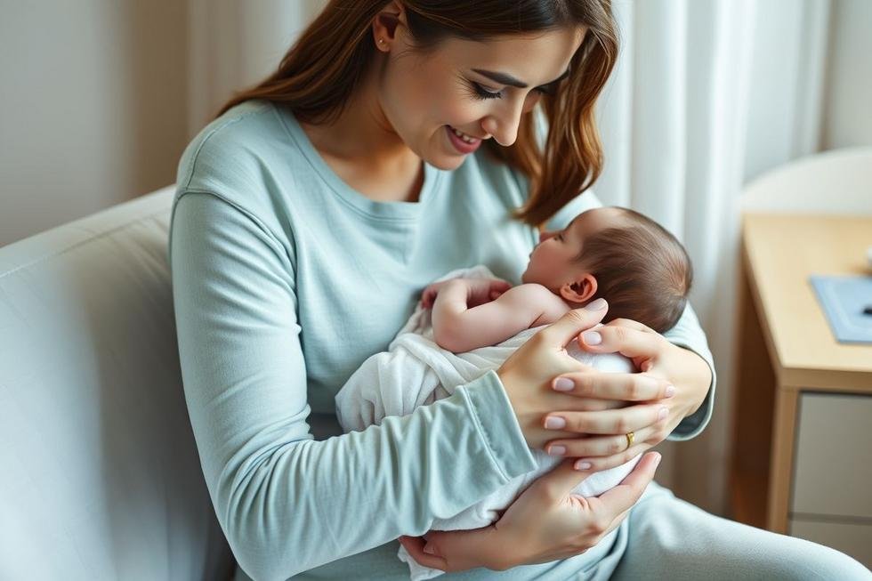 Mãe amamentando seu bebê em um cenário acolhedor.