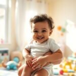 Um pai sorridente segurando seu bebê vestido com um body de manga curta, irradiando alegria e amor.