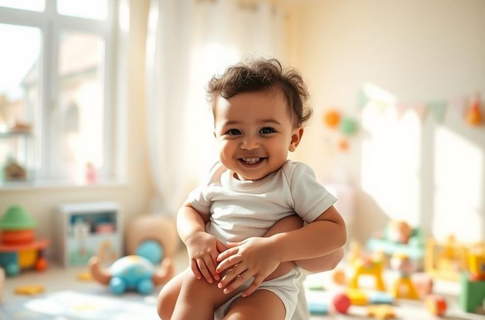 Um pai sorridente segurando seu bebê vestido com um body de manga curta, irradiando alegria e amor.