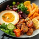 Prato saudável com comida colorida feita na fritadeira Airfryer.