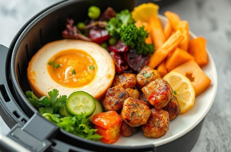 Prato saudável com comida colorida feita na fritadeira Airfryer.