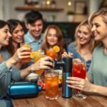 Grupo de amigos se divertindo em uma festa com drinks elaborados.