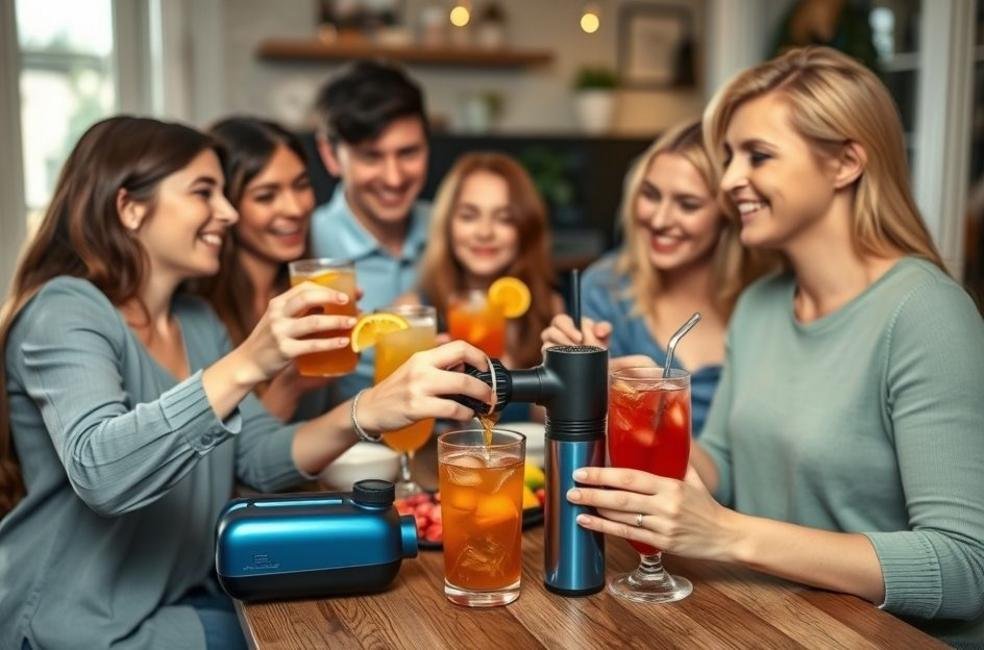 Grupo de amigos se divertindo em uma festa com drinks elaborados.