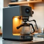 Cafeteira moderna em cozinha aconchegante.