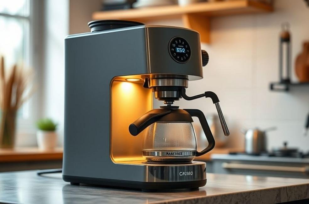 Cafeteira moderna em cozinha aconchegante.