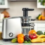 Ambiente de cozinha convidativo com extrator de sucos e produtos frescos.