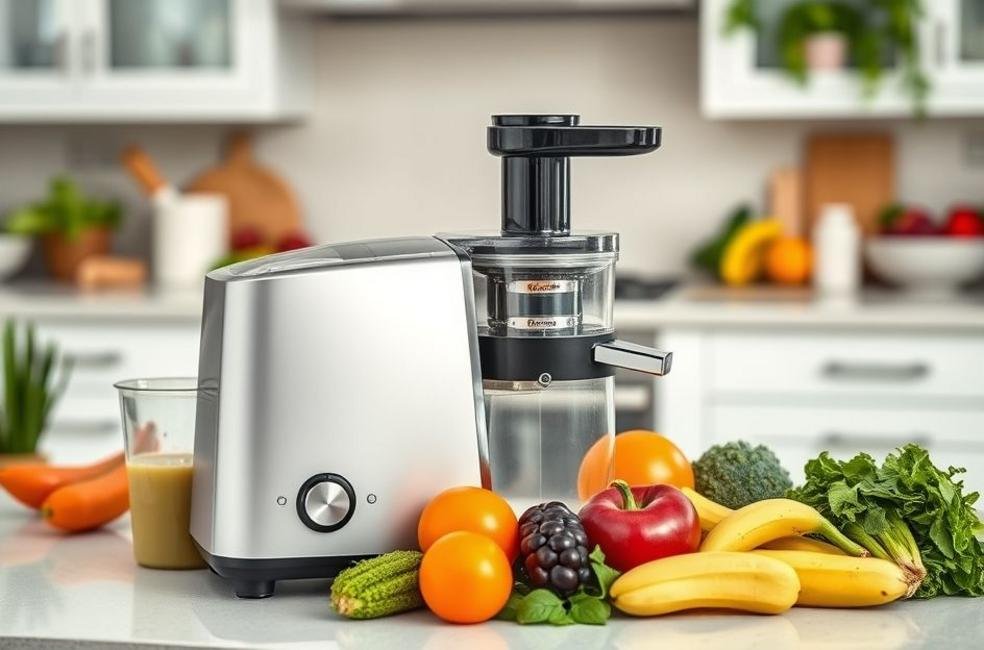 Ambiente de cozinha convidativo com extrator de sucos e produtos frescos.