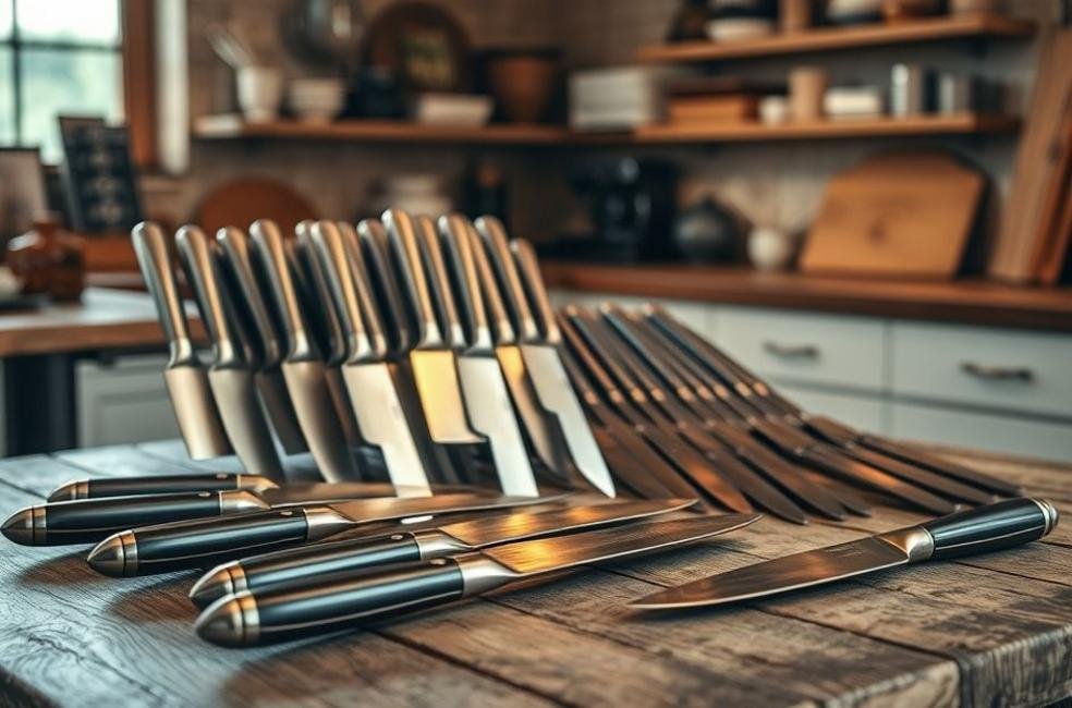 Facas inox em uma mesa de cozinha, simbolizando qualidade e eficiência na culinária.