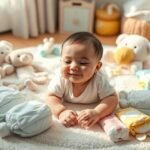 Bebê sorridente rodeado por fraldas descartáveis e brinquedos suaves.