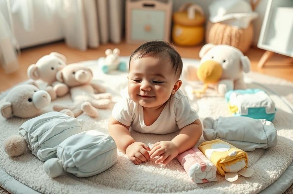Bebê sorridente rodeado por fraldas descartáveis e brinquedos suaves.