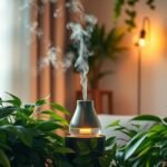 Espaço caseiro tranquilo com um umidificador em uso, mostrando um ambiente saudável.