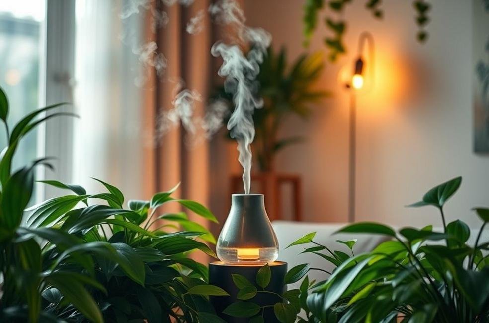 Espaço caseiro tranquilo com um umidificador em uso, mostrando um ambiente saudável.